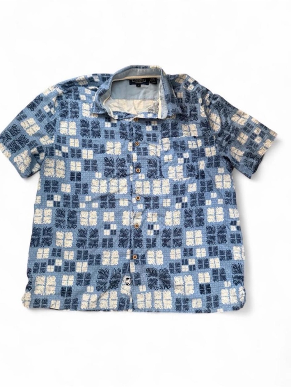Tommy Bahama Blue and Off-White Patterned Short-Sleeve Button-Down Shirt